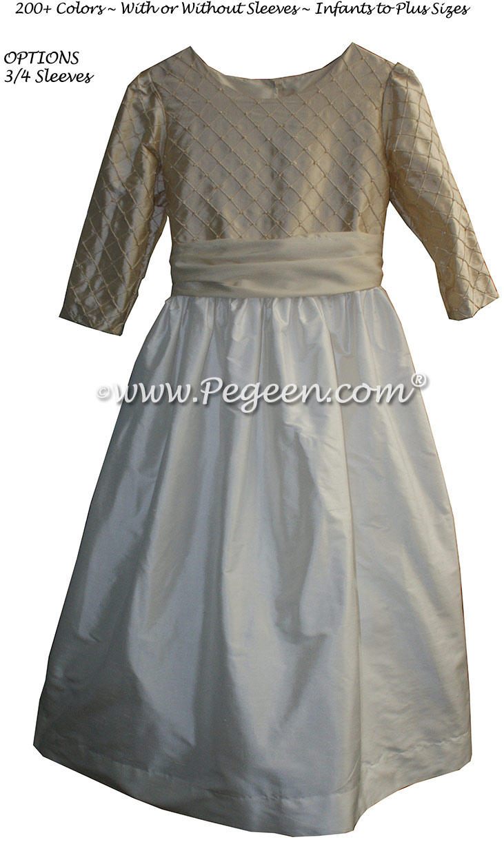 Antique White and Tawny Gold with 3/4 Sleeves Flower Girl Dress silk flower girl dresses