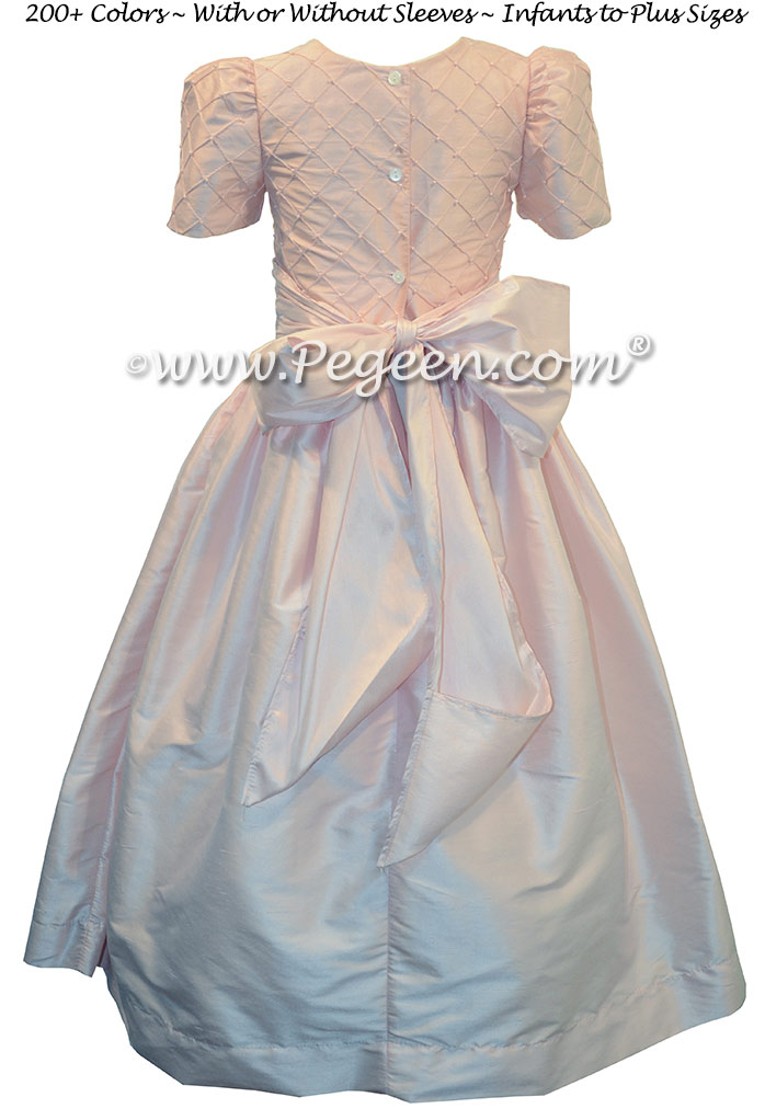 Flower Girl Dress with Trellis and Pearled Bodice in Pink Silk  | Pegeen