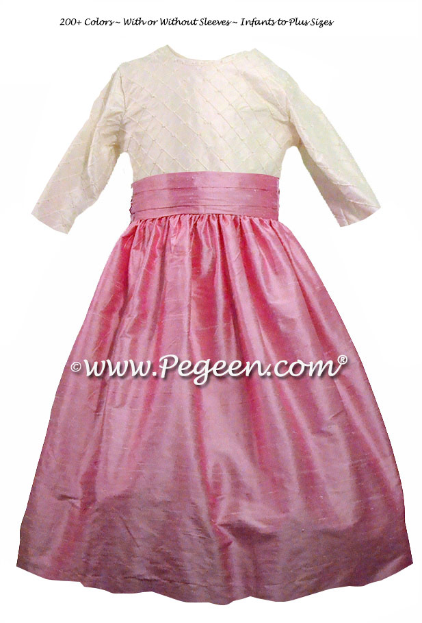 Antique White and Rose Pink flower girl dress Style 409 with 3/4 Sleeves