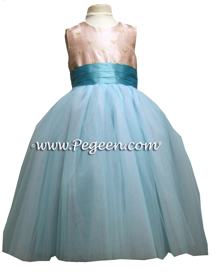 Tiffany blue and light pink embroidered with tiny rosebuds ballerina style FLOWER GIRL DRESSES with layers and layers of tulle
