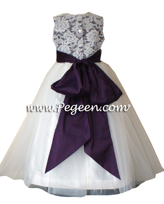 1000 NIGHTS (DEEP PURPLE) AND NEW IVORY ALONCON LACE CUSTOM FLOWER GIRL DRESSES WITH TULLE
