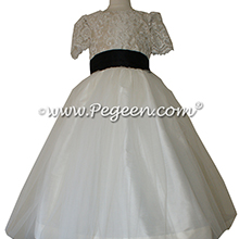 BLACK AND SUMMER TAN WITH IVORY TULLE and beaded aloncon lace Flower girl dress