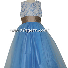 BLUE MOON AND ANTIGUA TAUPE silk and aloncon lace with tulle flower girl dress by Pegeen