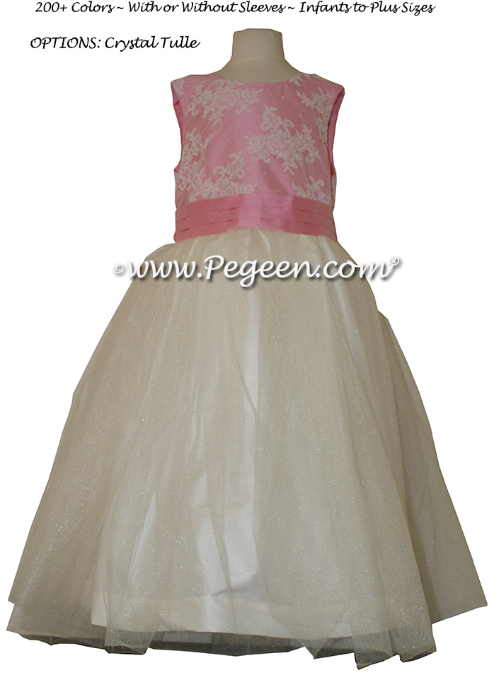 Flower Girl Dress with Tulle and Beaded Aloncon Lace in White and Bubblegum Pink | Pegeen