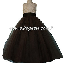 Spun Gold and Chocolate Brown Silk aloncon Lace Tulle flower girl Dresses