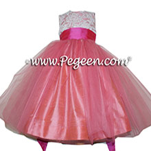 CORAL ROSE AND SHOCK PINK silk and aloncon lace with tulle flower girl dress by Pegeen