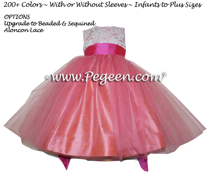 Coral Rose and Shock Pink Aloncon Lace Flower Girl Dress