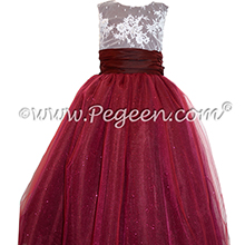 Cranberry Tulle and beaded aloncon lace Flower girl dress - Pegeen Couture Style 402