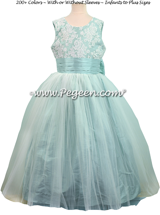 Pacific (light aqua) Silk and Aloncon Lace Tulle Flower Girl