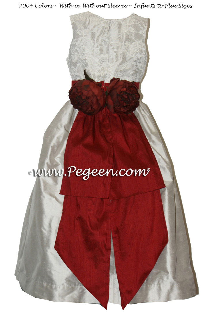 Aloncon lace jr bridesmaids dress in platinum and cranberry silk