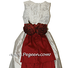 platinum silver and cranberry red flower girl dresses with aloncon lace