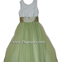SAGE GREEN SILK TULLE FLOWER GIRL DRESSES with beaded and sequined aloncon lace with layers and layers of tulle