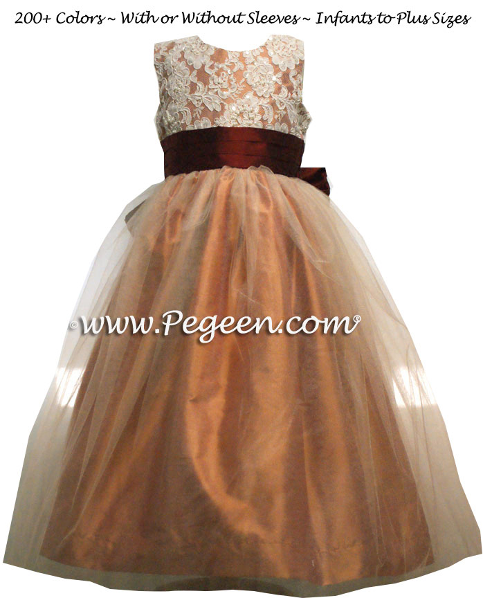 SALMON FLAME AND CRANBERRY ALONCON LACE CUSTOM FLOWER GIRL DRESSES WITH TULLE