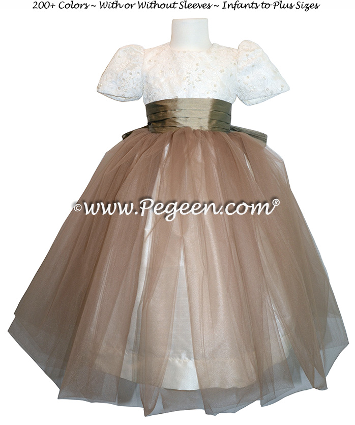 SESAME (LIGHT BRONZE) AND NEW IVORY ALONCON LACE CUSTOM FLOWER GIRL DRESSES WITH TULLE