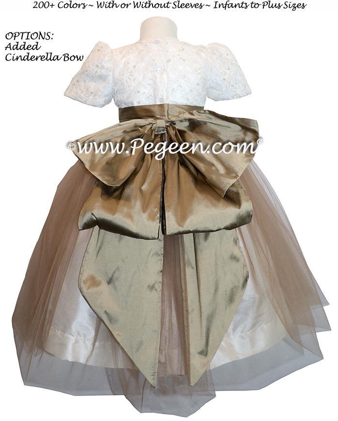 SESAME (LIGHT BRONZE) AND NEW IVORY ALONCON LACE CUSTOM FLOWER GIRL DRESSES WITH TULLE