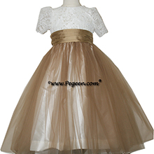 Sesame Brown and Aloncon Lace in Ivory silk flower girl dresses