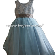 Steele Blue and Wolf Gray Silk aloncon Lace Tulle flower girl Dresses