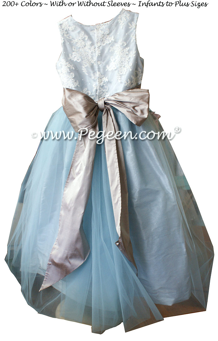 Steele Blue and Wolf Gray ALONCON LACE CUSTOM FLOWER GIRL DRESSES WITH TULLE