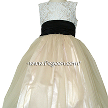 BLACK AND SUMMER TAN WITH IVORY TULLE and beaded aloncon lace Flower girl dress
