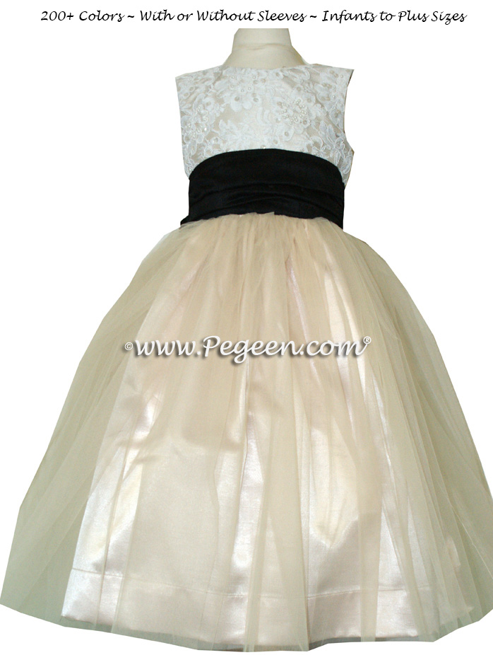 BLACK AND SUMMER TAN WITH IVORY CUSTOM FLOWER GIRL DRESSES WITH TULLE