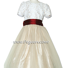 gold and red tulle and aloncon lace silk flower girl dresses