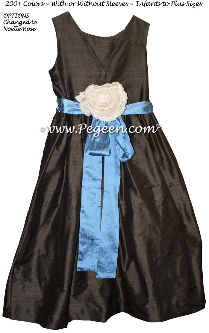 Flower girl dress in chocolate brown and arial blue Style 419 | Pegeen