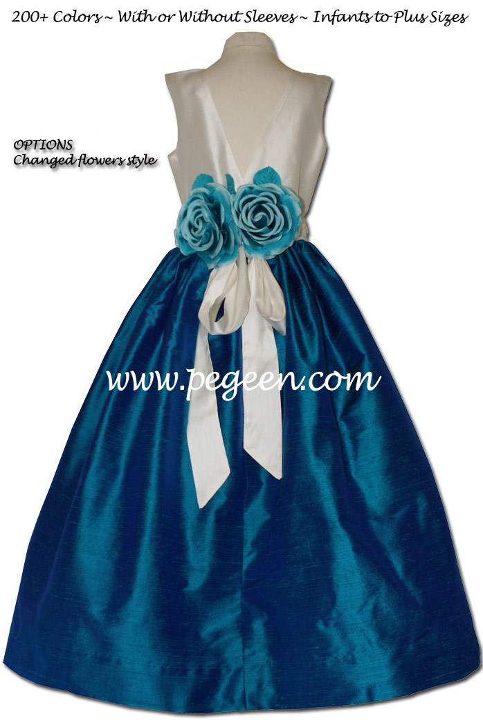 Silk flower girl dresses in shades of Dark Cyan and Bisque Style 419