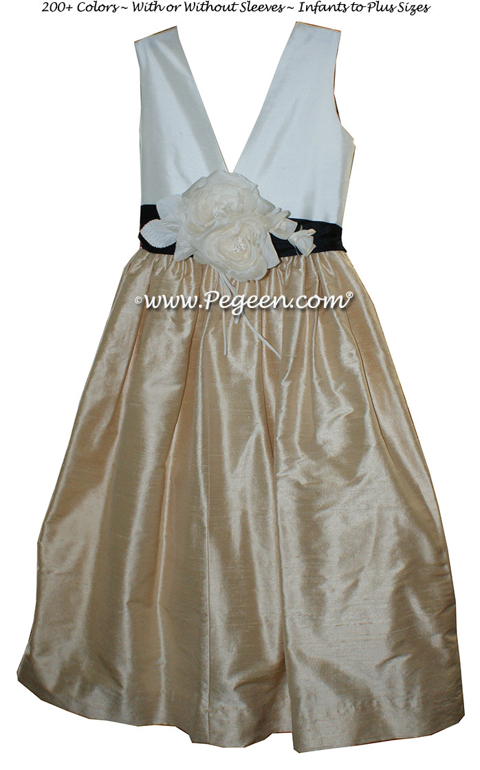 Flower girl dress in light gold, ivory and black Style 419 | Pegeen