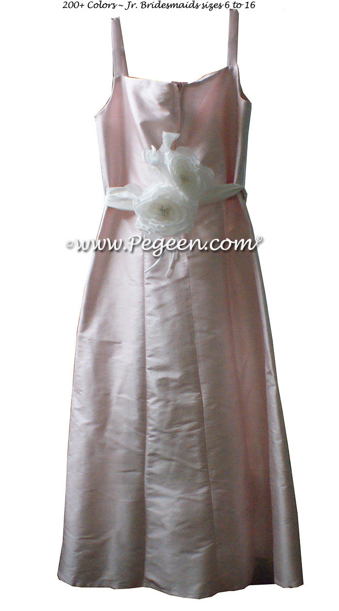 Petal Pink silk, Antique White Silk Jr. Bridesmaids or Custom Flower Girl Dress
