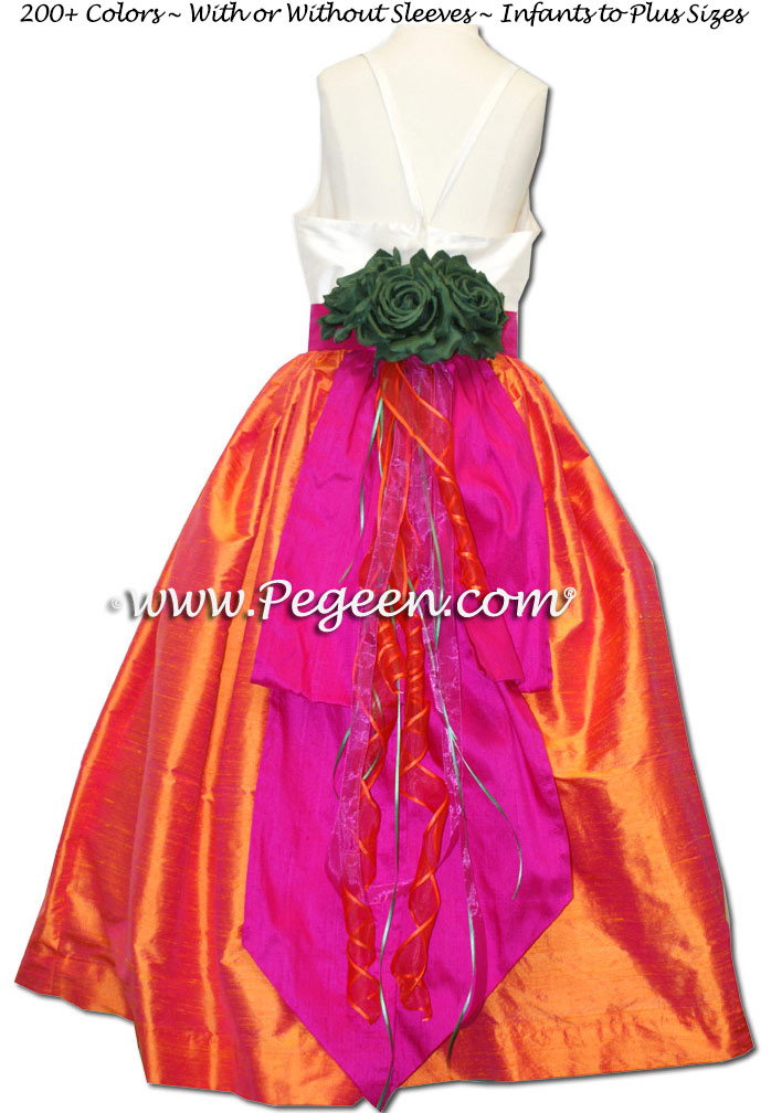 Jr Bridesmaids dresses Mango Orange, Hot Pink and Emerald Green | Pegeen