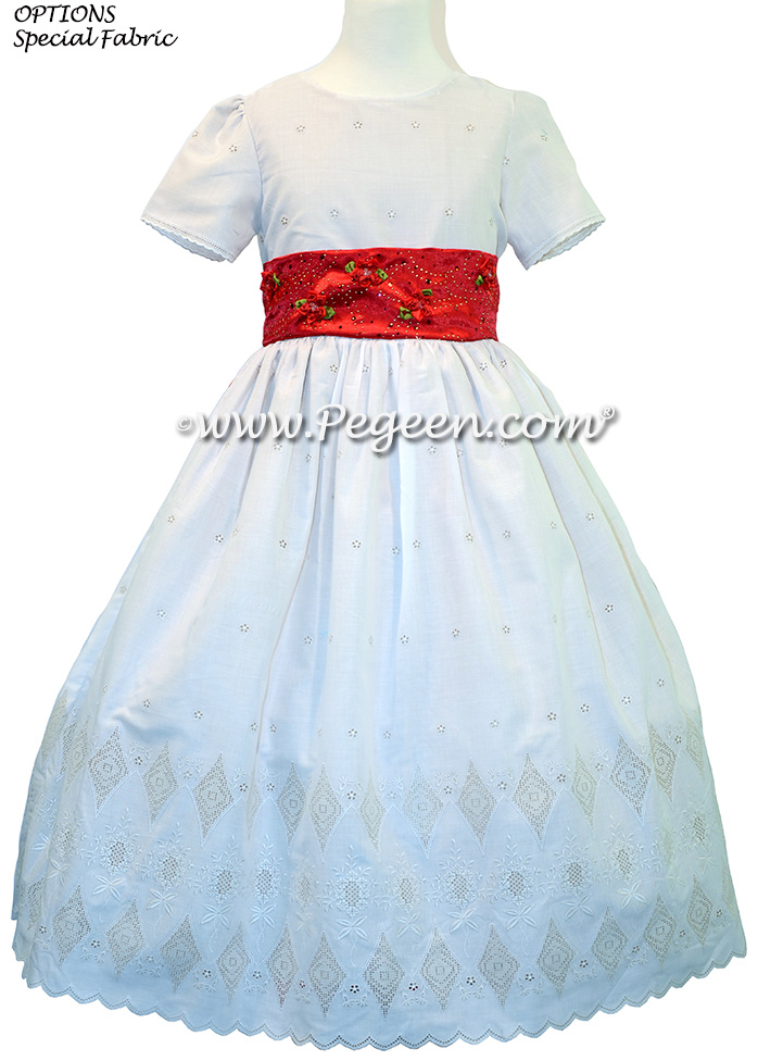 Christmas Red and Creme Embroidered Swiss Cotton custom flower girl dresses
