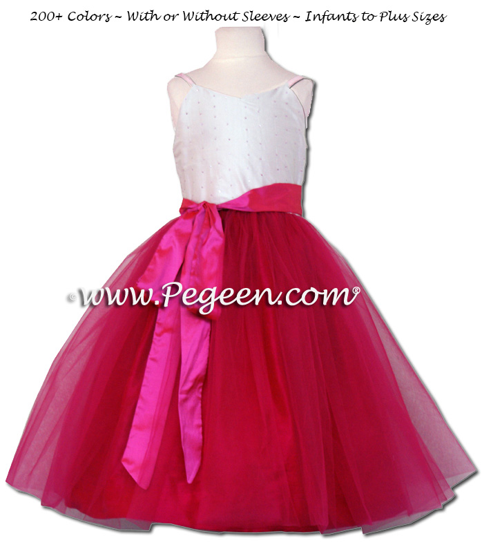 Raspberry and peony pink silk with raspberry layers of tulle flower girl dress