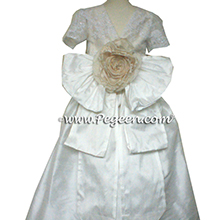Antique White and bisque ballerina style Flower Girl Dresses with beaded aloncon lace