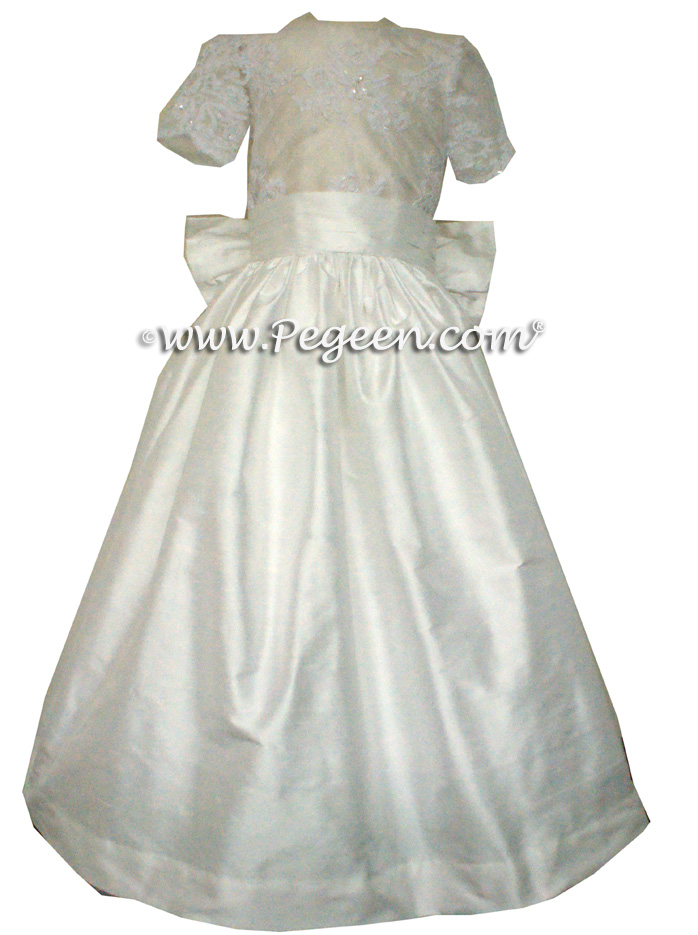 Antique white and bisque aloncon lace and tulle silk flower girl dresses