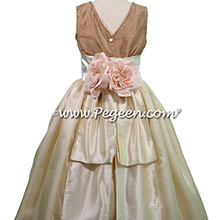 Antigua Taupe Dupione and Buttercream Charmeuse flower girl dresses by PEGEEN