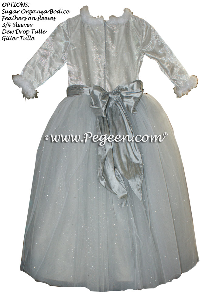 Platinum and Morning Gray ballerina style Flower Girl Dresses with layers of tulle