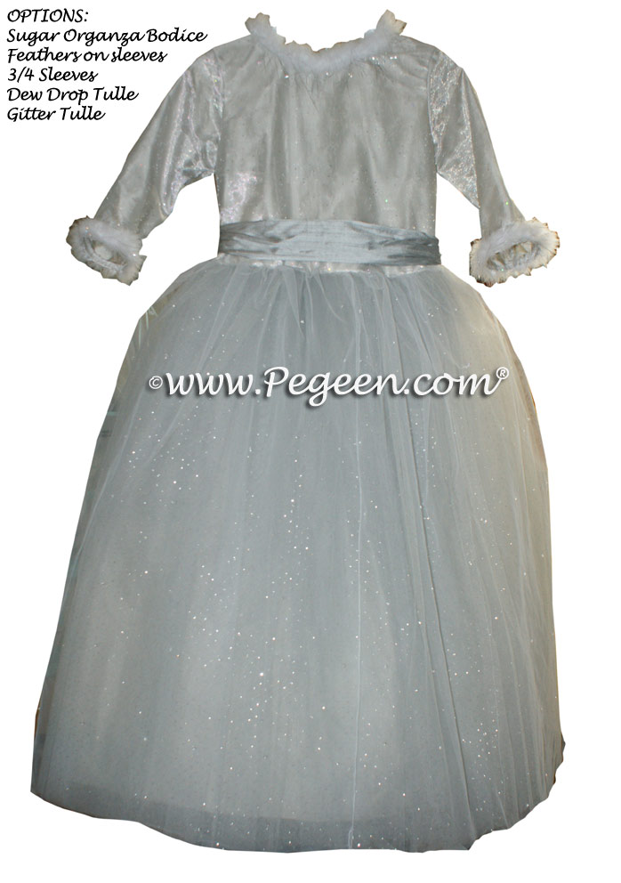 Platinum and Morning Gray ballerina style Flower Girl Dresses with layers of tulle