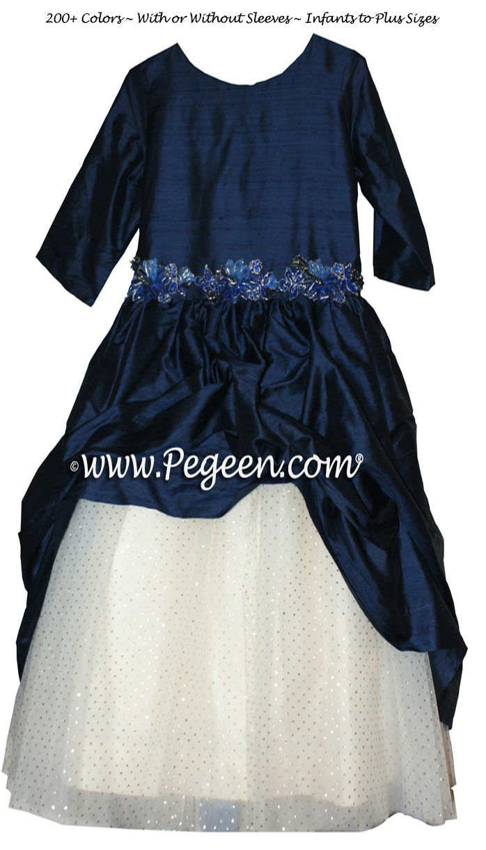 Jr. Bridesmaids dresses with a New Ivory tulle skirt and Navy Silk Overskirt with 3/4 Sleeves