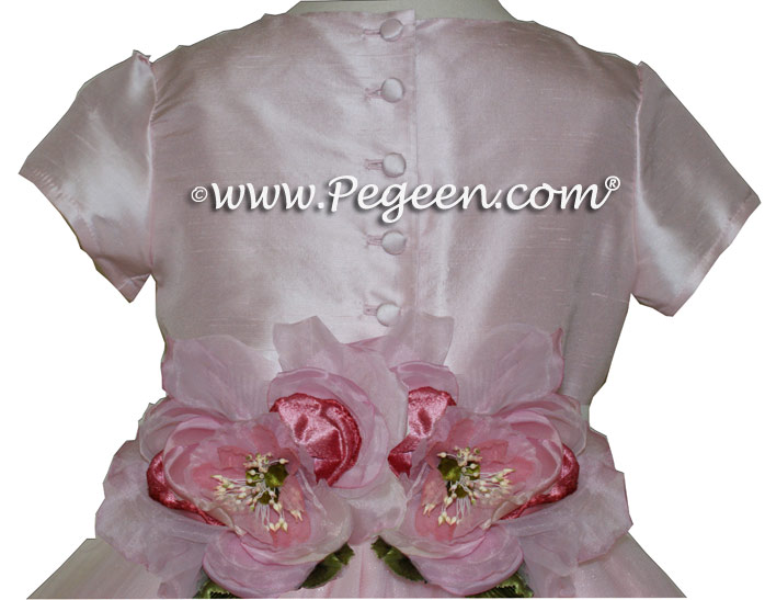 Crystal Pink Silk and Tulle flower girl dress with detailed back
