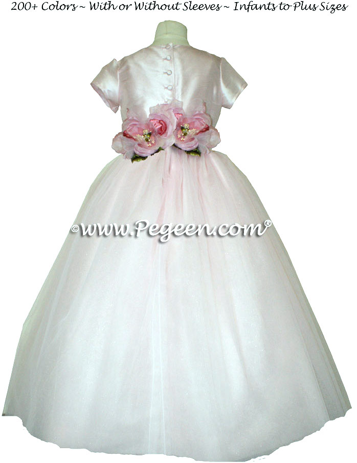 Crystal Pink Silk and Tulle flower girl dress with detailed back