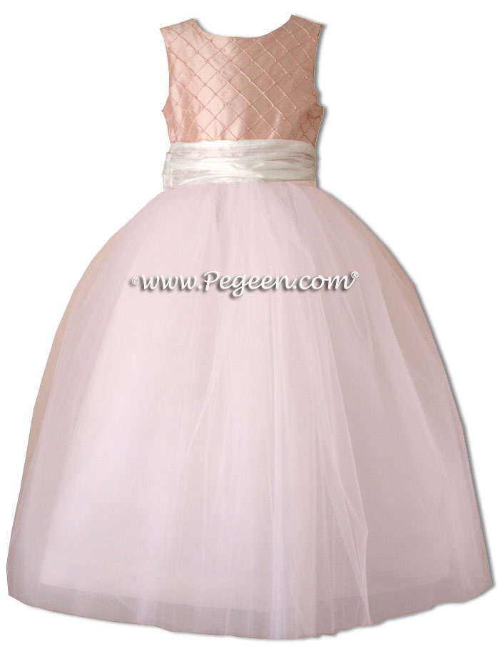 Pintuck and pearls in petal pink Tulle flower girl dress with 10 layers of tulle
