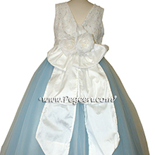 Baby Blue and White tulle flower girl dresses with Aloncon Lace