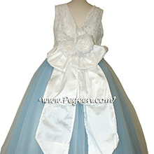 Antique White AND BABY BLUE WITH IVORY TULLE and beaded aloncon lace Flower