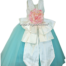 Antique white and Bahama Breeze and Peony Pink Flower Girl Dresses with layers and layers of tulle and Beaded aloncon Lace flower girl dresses