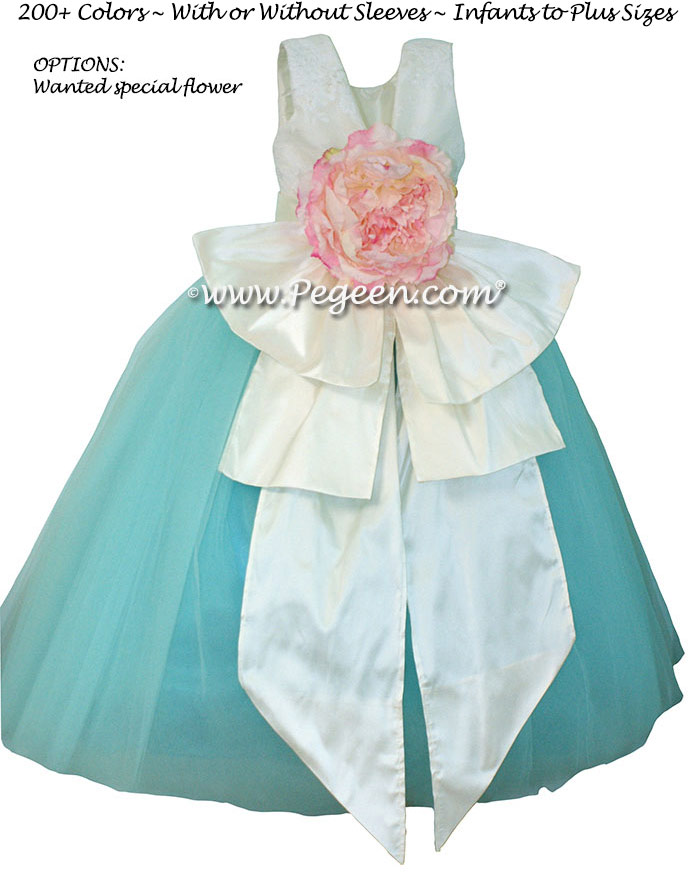 Antique white and Bahama Breeze and Peony Pink Flower Girl Dresses with Beaded Aloncon Lace flower girl dresses