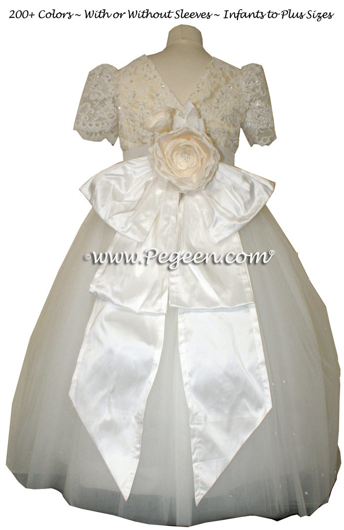 Antique white and bisque aloncon lace and tulle silk flower girl dresses