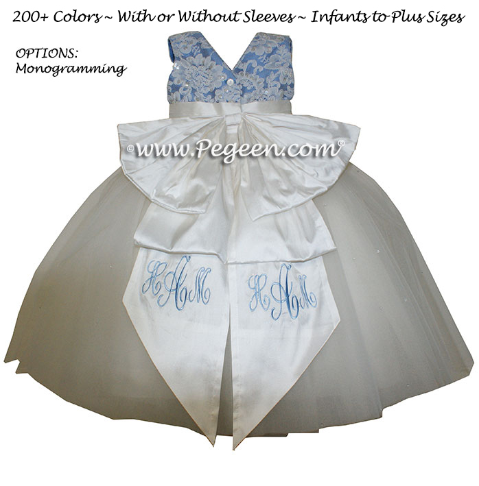 Flower Girl Dress with tulle and Beaded Aloncon Lace Style 697 in Blue | Pegeen