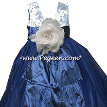 Antique White AND Navy BLUE WITH IVORY TULLE and aloncon lace Flower girl dress