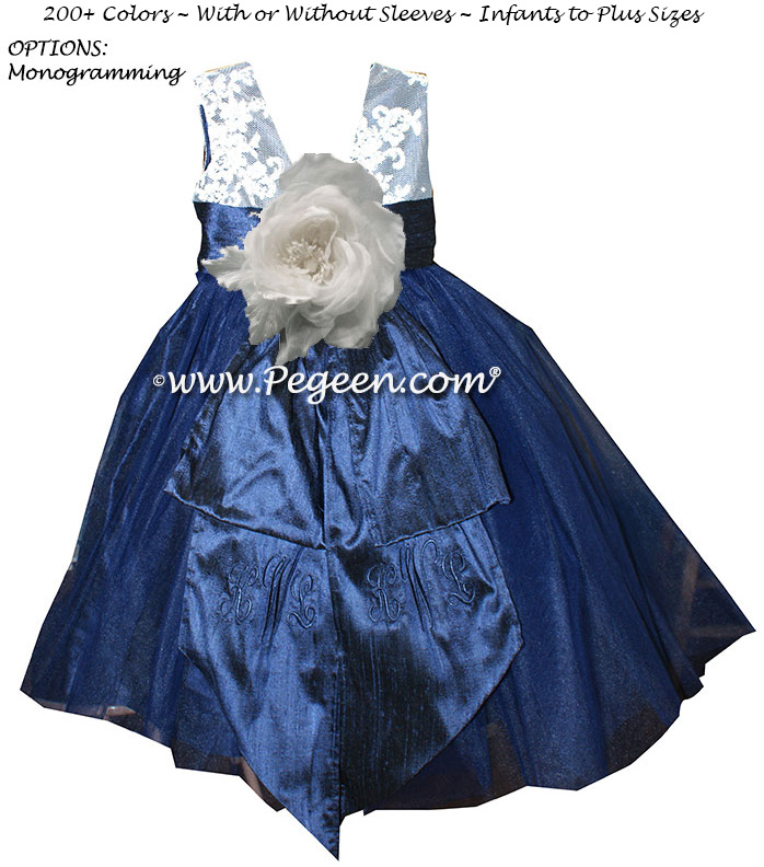 Antique White and Navy Blue with Ivory with Ivory Custom Flower Girl Dress with Tulle