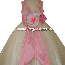 Antique White and PEONY PINK ballerina style Flower Girl Dresses with aloncon lace and tulle